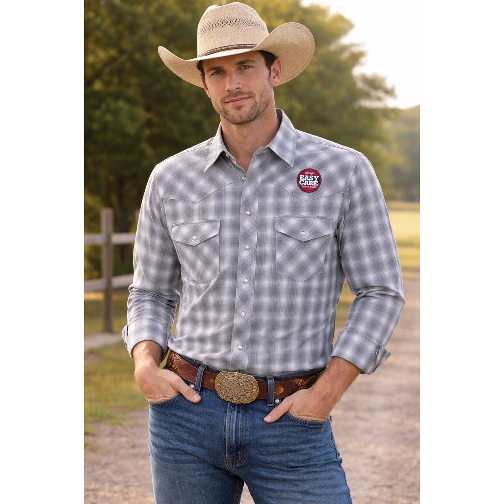 Wrangler Mens Western Snap Front Plaid Shirt Gray White Long Sleeve S 7BAVP26